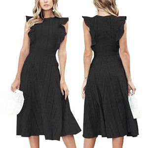 ECOWISH Womens Size S Black Ruffle Cap Sleeves Summer A-Line Eyelet Lace Dress